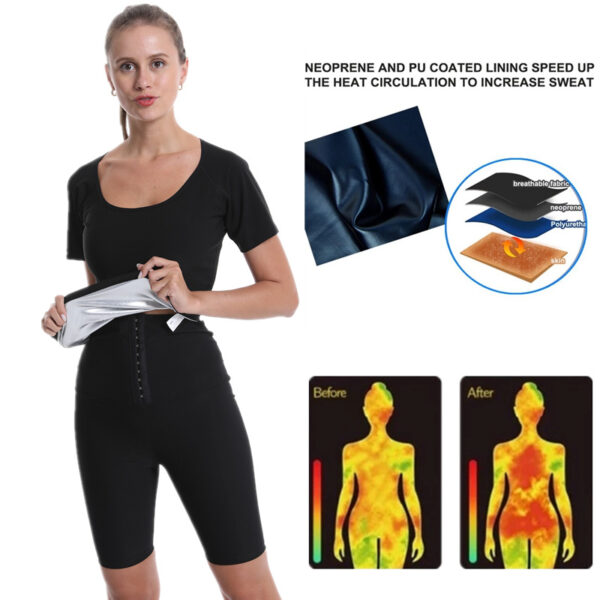 Women's sports sweat-proof suit waisted body shaping silver yoga suit suit short-sleeved female sweat-wicking fitness suit sweat-proof suit - Image 2